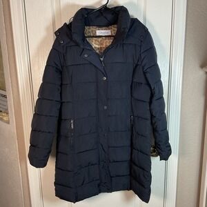 Calvin Klein Women's Black Puffer Coat Medium Hooded Insulated Jacket Animal Pri